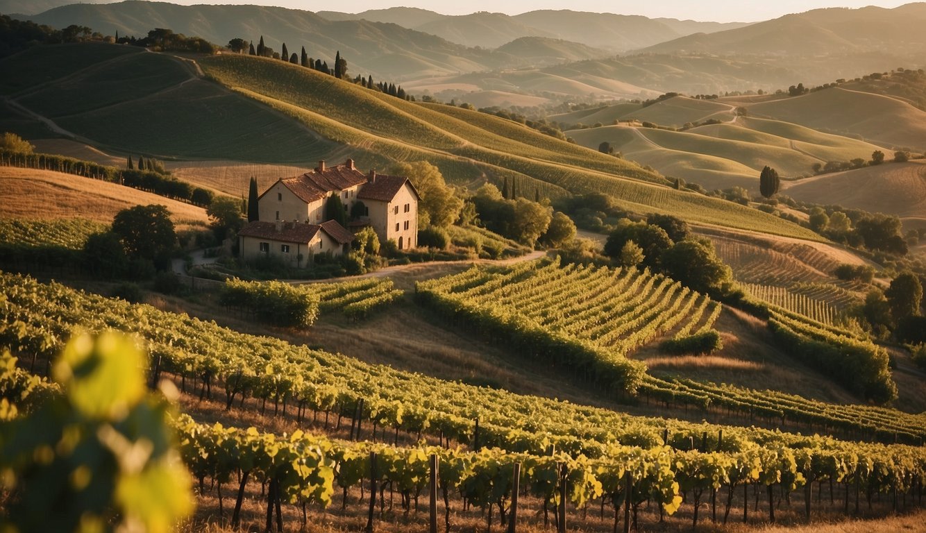 Vineyards sprawl across rolling hills, bathed in warm sunlight. A winery stands proudly, blending old-world charm with modern technology. Grapes are harvested by hand, and the air is filled with the sweet aroma of fermenting wine