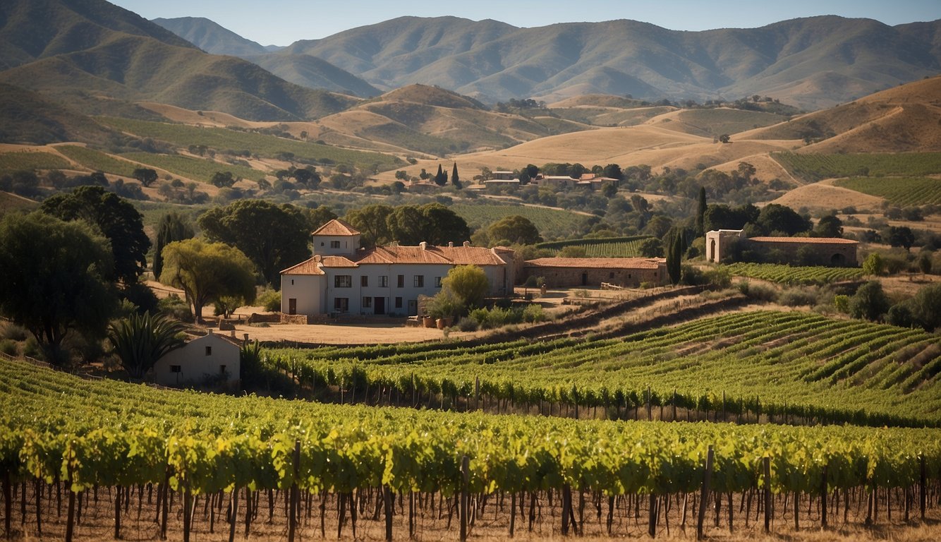 Vineyards sprawl across rolling hills, flanked by historic colonial buildings and modern winemaking facilities. A diverse landscape reflecting the evolution of South African winemaking