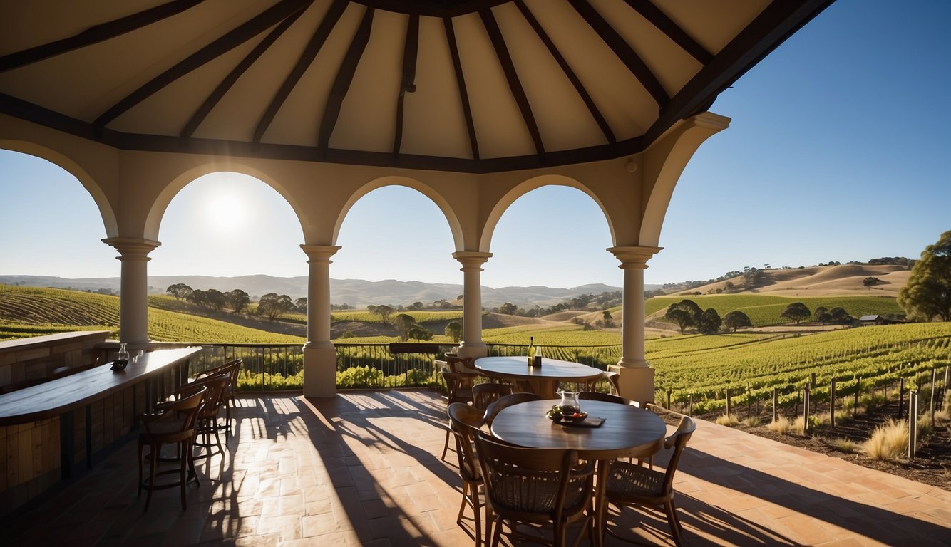 Rolling hills of Barossa Valley, dotted with vineyards and historic German architecture, blend seamlessly with modern wineries and cellars, symbolizing the evolution from traditional roots to global acclaim