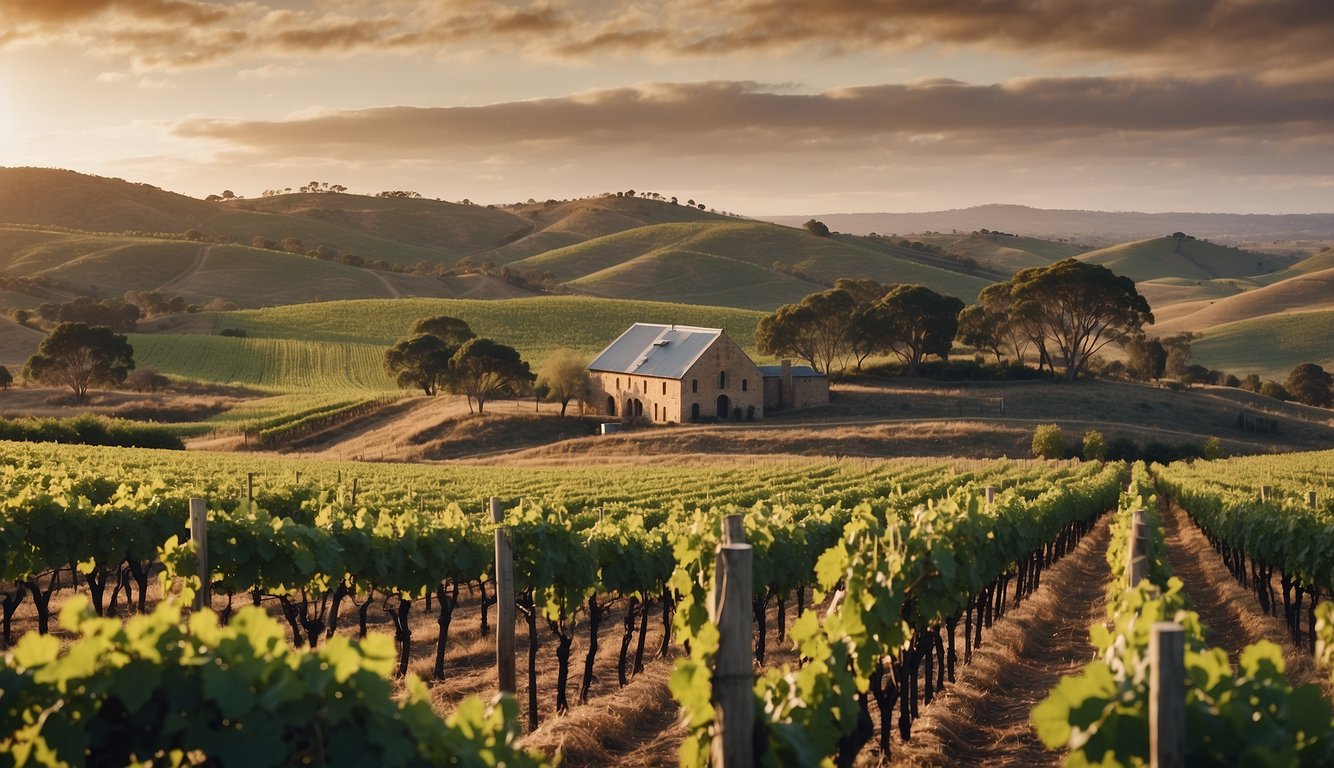 Rolling hills, vineyards, and historic stone buildings form the backdrop for a modern winery with a global reputation in Australia's Barossa Valley