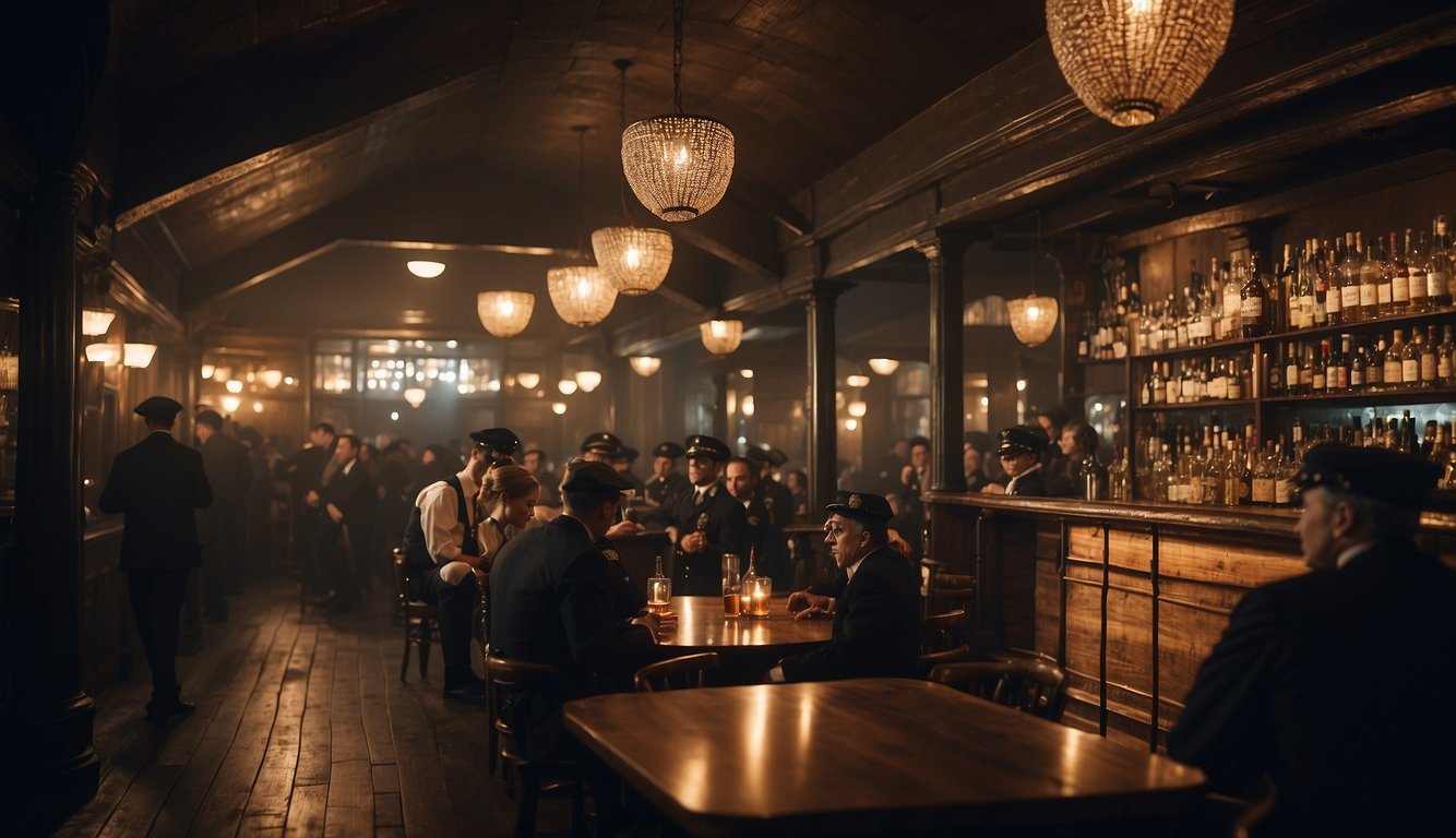 A speakeasy with hidden liquor barrels, patrons drinking covertly, and police raiding the establishment