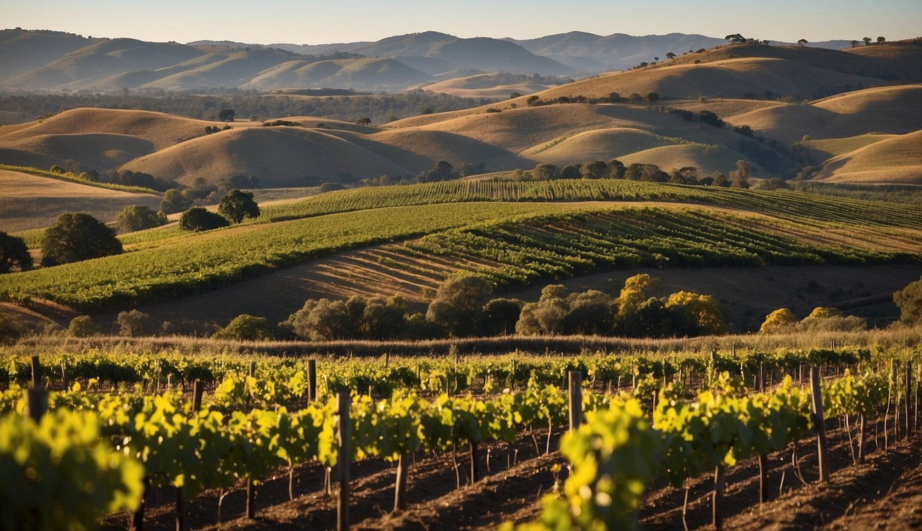 Rolling hills of Barossa Valley, Australia. Rich soil, sunny climate. Rows of grapevines stretch into the distance, showcasing a variety of varietals