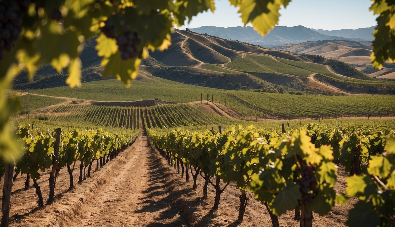 Vineyards stretching across rolling hills, showcasing Rioja's diverse varietals. Historical landmarks, from Phylloxera devastation to modern innovations, dot the landscape