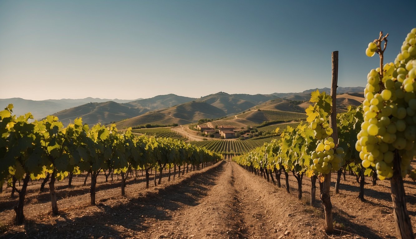 A vineyard landscape with old and modern elements, showcasing the impact of Phylloxera, Franco era, and modern innovations on Rioja's wine industry