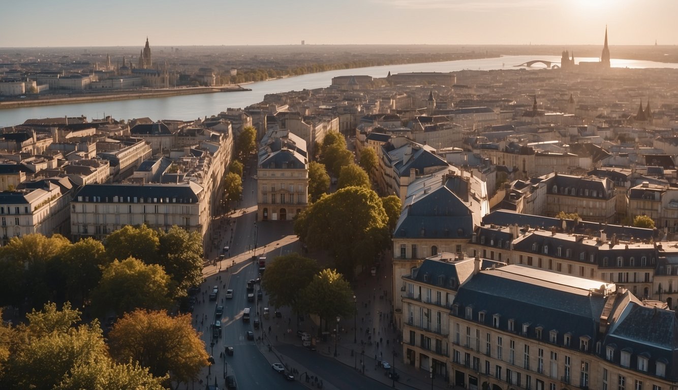 An aerial view of Bordeaux, France, showcasing the transformation from ancient Roman settlement to a modern cityscape with iconic landmarks and the Garonne River