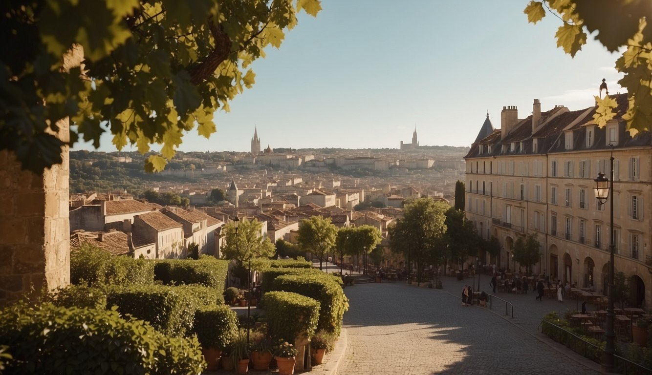 A bustling ancient port city transforms into a modern metropolis, surrounded by lush vineyards and grand chateaus, symbolizing Bordeaux's cultural and economic growth