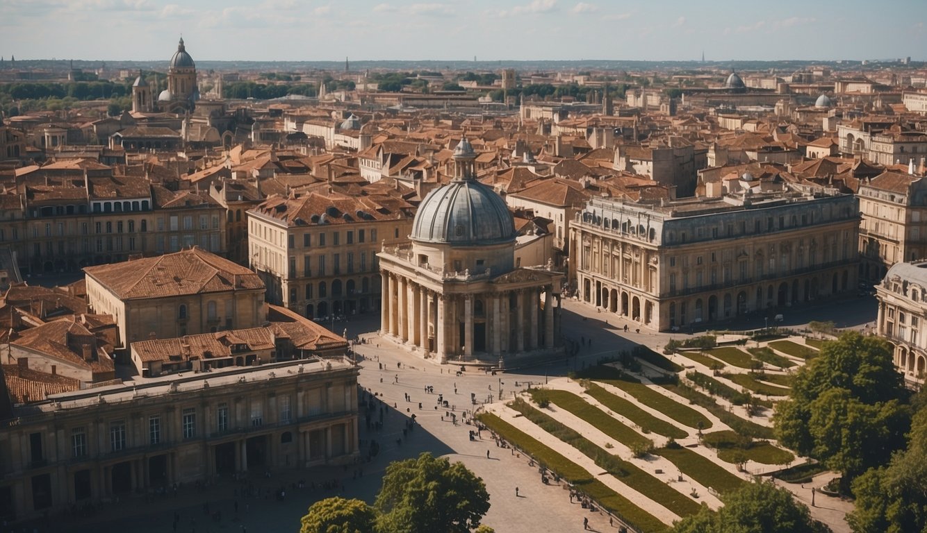 A bustling cityscape with ancient Roman ruins blending into modern architecture, showcasing the evolution of Bordeaux through time