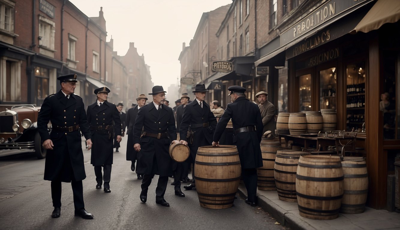 The scene depicts a bustling 1920s city street with a wine shop closed down and a sign reading "Prohibition" in bold letters. Police officers confiscate barrels of wine while frustrated winemakers look on