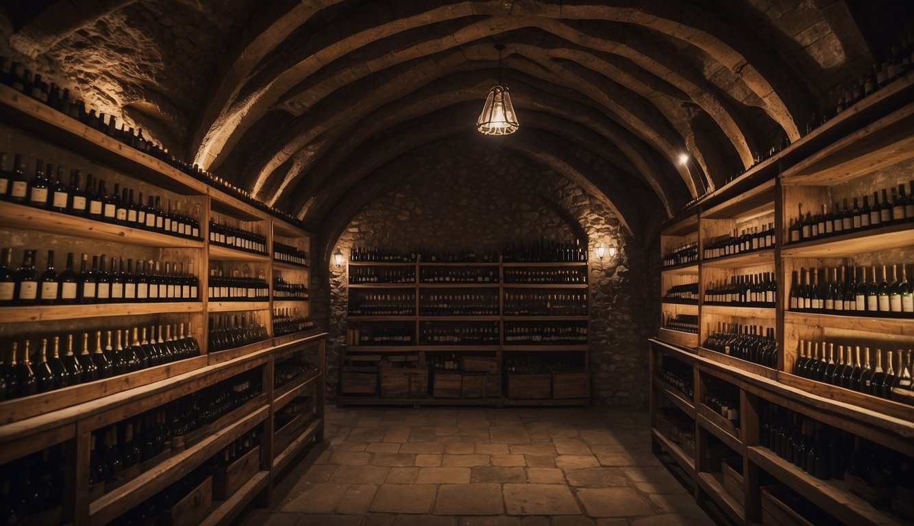 A dusty cellar filled with rows of antique wine bottles, each adorned with faded, ornate labels depicting historical significance and vintage details