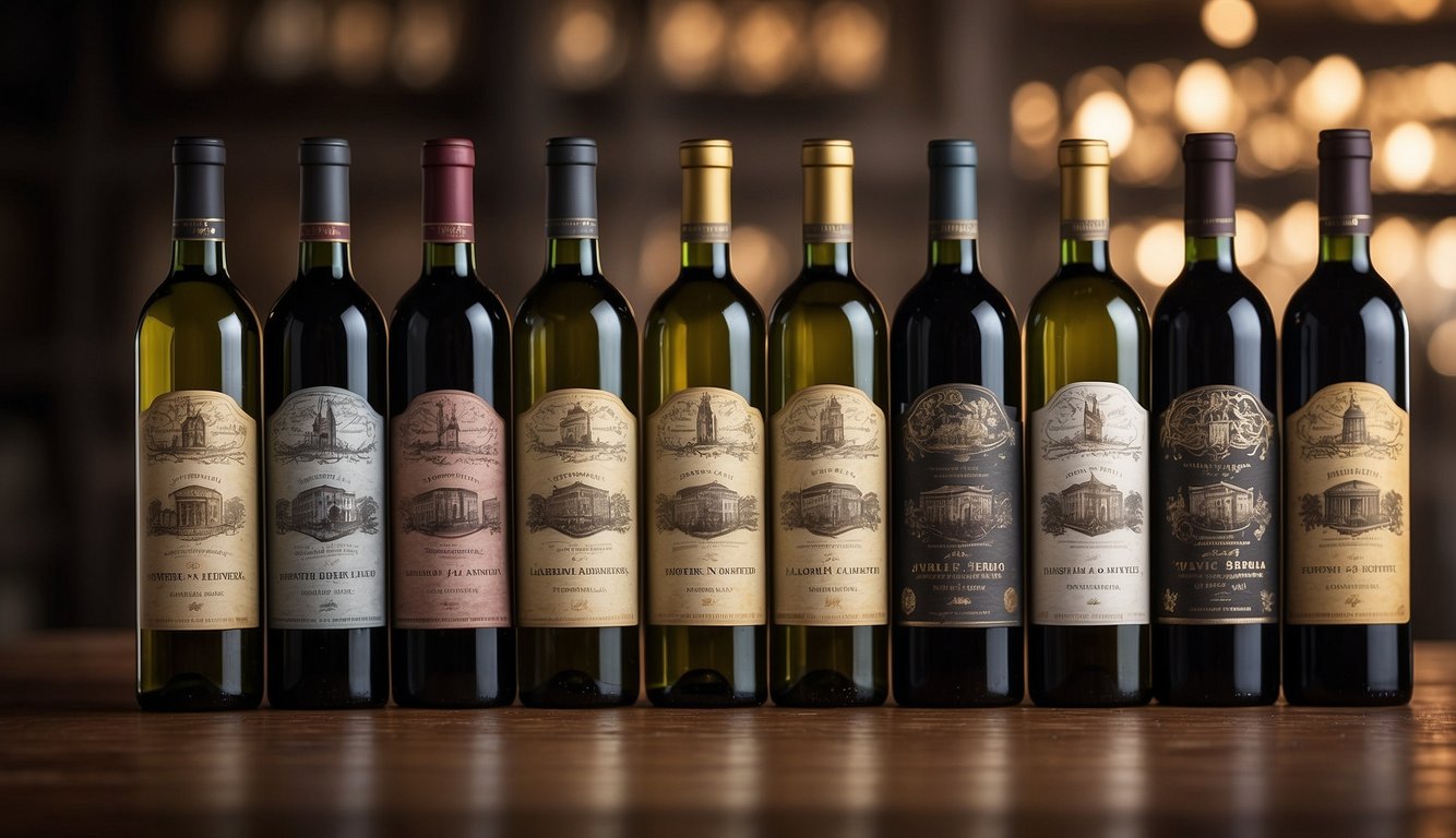 An array of vintage wine bottles, each with unique labels, arranged on a rustic wooden table. The labels display historical significance and provide insights into the wine's geographic story