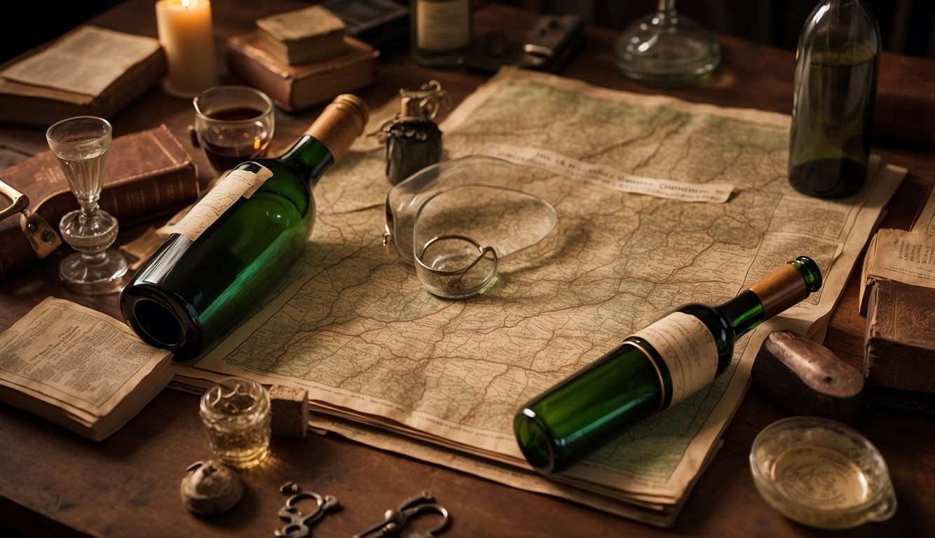 A table covered in vintage wine bottles with faded labels, surrounded by antique books and maps. A magnifying glass and old cork screw sit nearby