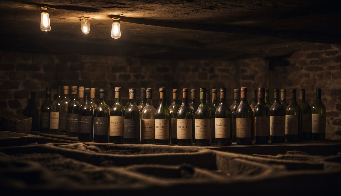 A dimly lit cellar with rows of dusty antique wine bottles, each with a weathered label bearing intricate designs and faded text. A sense of history and mystery surrounds the scene