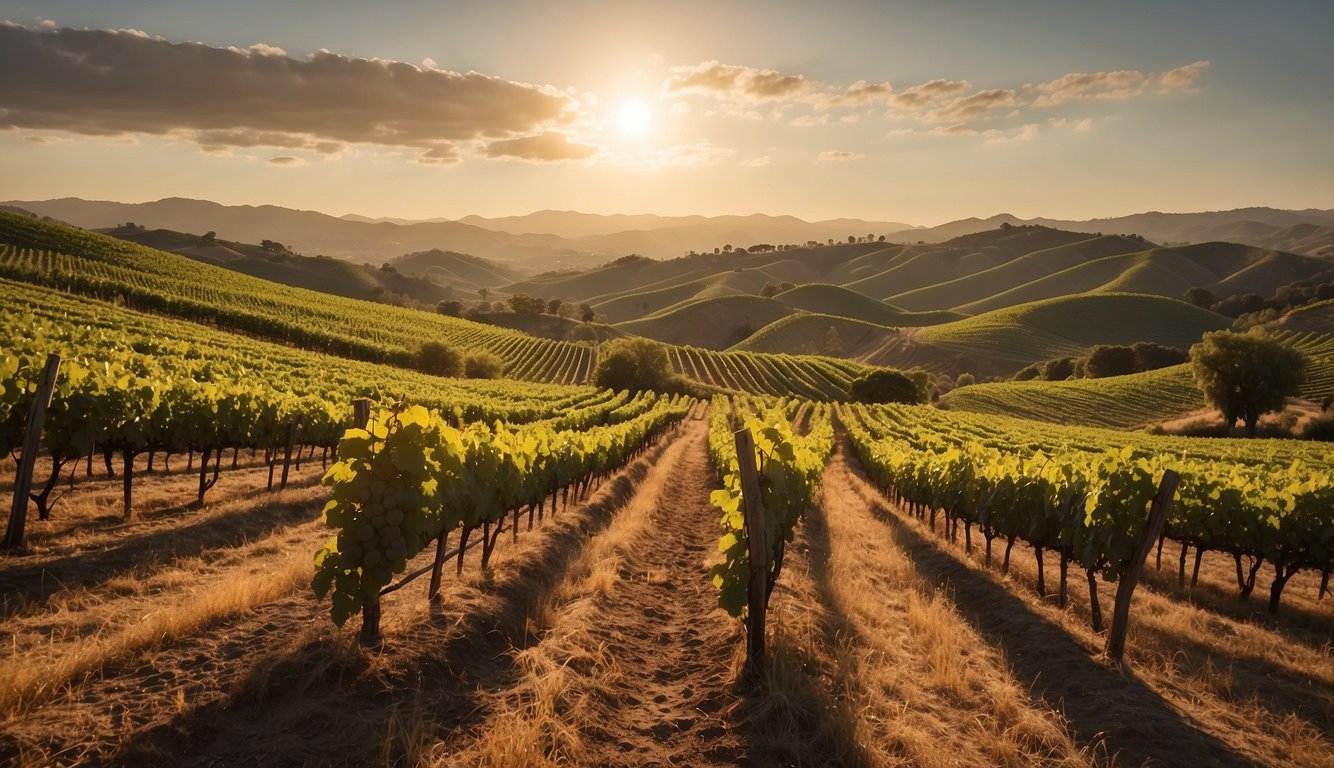 Vineyards sprawl across rolling hills, their rows of grapevines stretching into the distance. The warm California sun bathes the landscape, casting a golden glow on the lush greenery