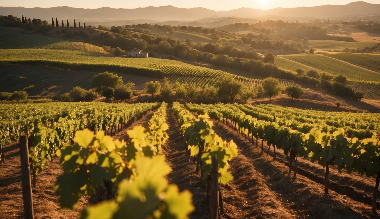 Vineyards stretch across rolling hills, bathed in golden sunlight. Workers tend to rows of lush grapevines. Modern winemaking facilities dot the landscape, blending tradition with innovation