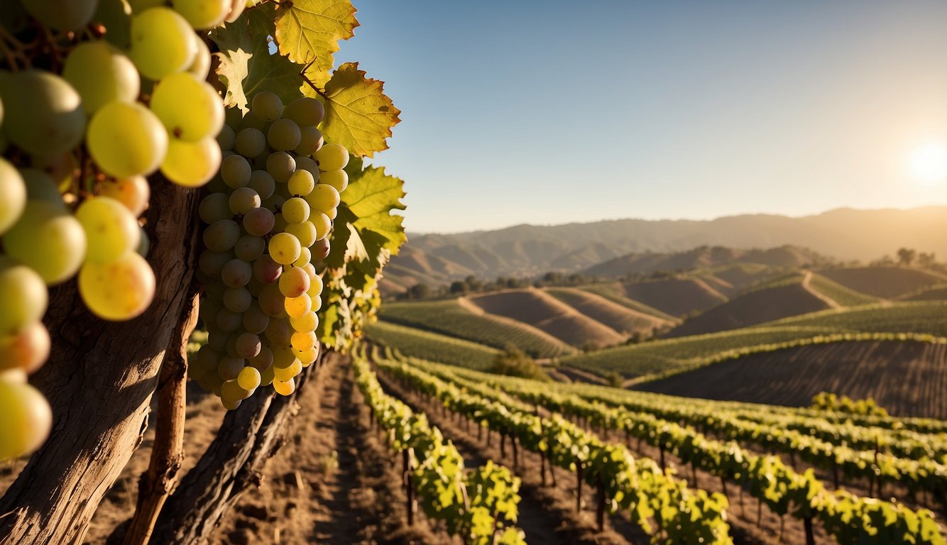 Vineyards sprawl across rolling hills, bathed in the warm glow of the California sun. Grapes hang heavy on the vines, ready to be transformed into the world-renowned wines that have put California on the global wine map