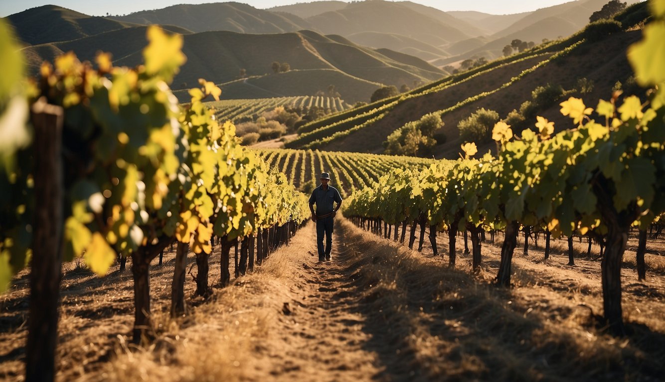 Vineyards stretch across rolling hills, bathed in the golden glow of the California sun. Wineries dot the landscape, with workers tending to the grapevines and modern machinery at work in the production process