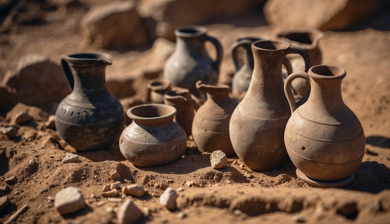 Archaeological tools uncover ancient wine amphorae in a dig site. The artifacts are carefully studied and preserved for historical significance