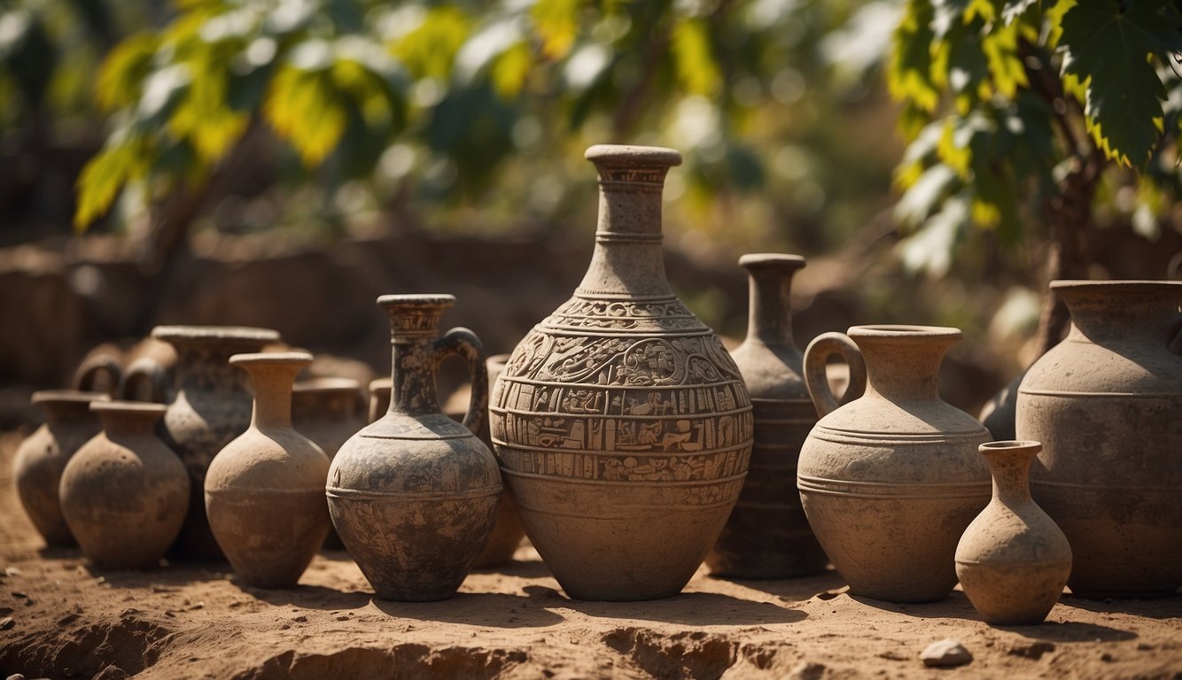 Ancient wine vessels from various civilizations uncovered in archaeological dig sites, surrounded by remnants of grape vines and historical artifacts