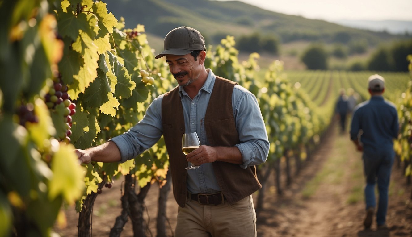 A bustling vineyard with workers tending to grapevines, modern winemaking equipment, and a lively tasting room filled with patrons enjoying glasses of wine