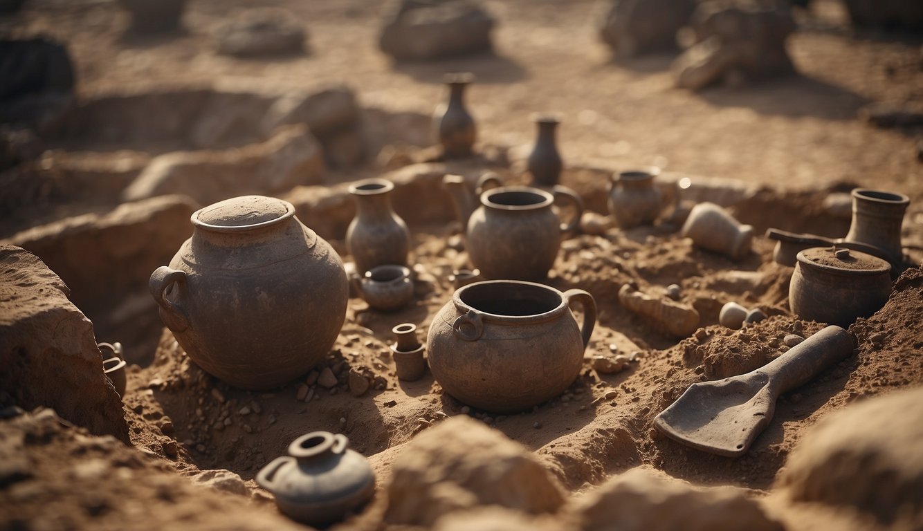 Excavation site with ancient wine amphorae, tools, and artifacts. A team of archaeologists carefully uncovering and documenting the discoveries