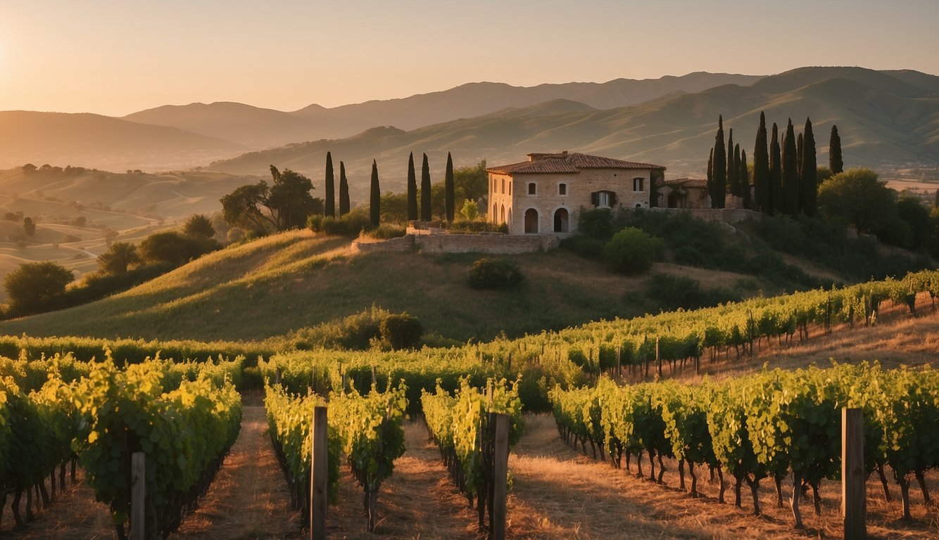 Rolling hills adorned with vineyards, cypress trees, and ancient ruins. A Renaissance villa overlooks the landscape, basking in the warm glow of the setting sun