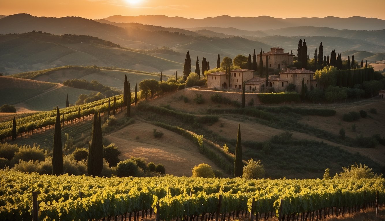 Rolling hills covered in vineyards, ancient Etruscan ruins, and medieval castles dot the landscape of Tuscany, Italy. The sun sets behind the picturesque hills, casting a warm glow over the birthplace of Tuscan wine regions