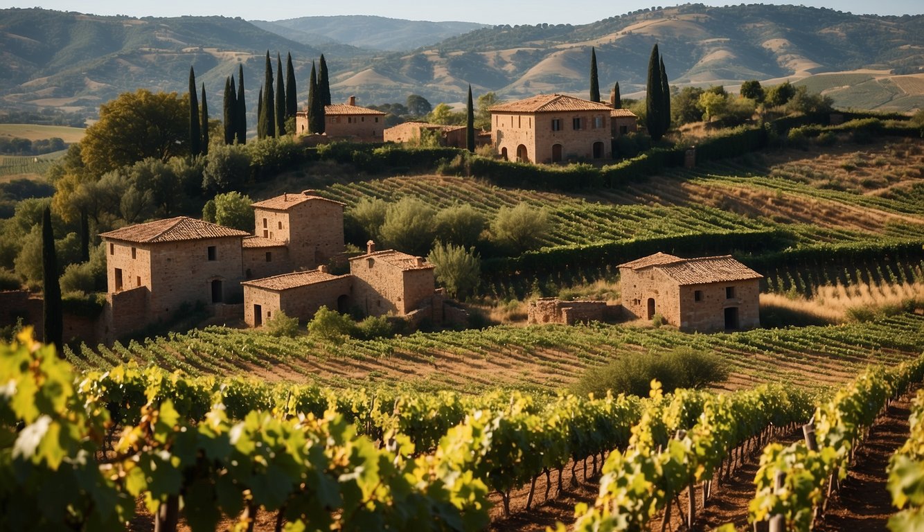 Vineyard landscape with rolling hills, terracotta-roofed wineries, and lush grapevines. Ancient Etruscan ruins contrast with modern wine-making equipment