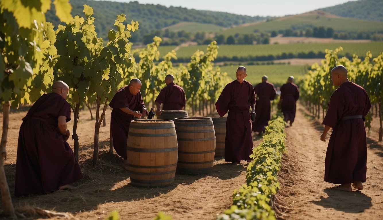 Monks tend to grapevines in a sun-drenched monastery vineyard, while others crush grapes in large wooden barrels. A group of monks can be seen bottling wine in the background