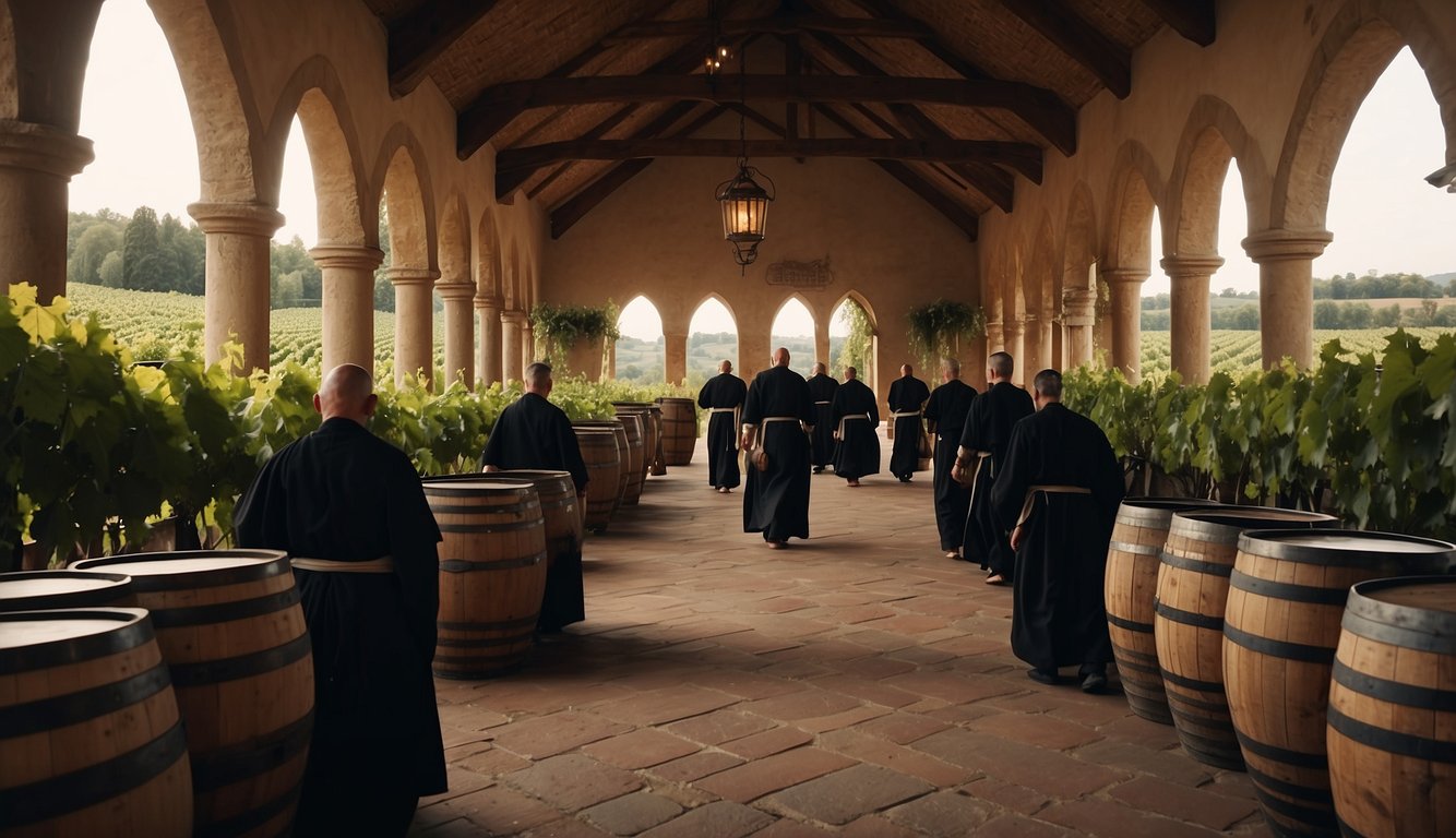 Monks in a medieval European monastery using large wooden barrels to ferment and store wine, surrounded by vineyards and a rustic countryside setting