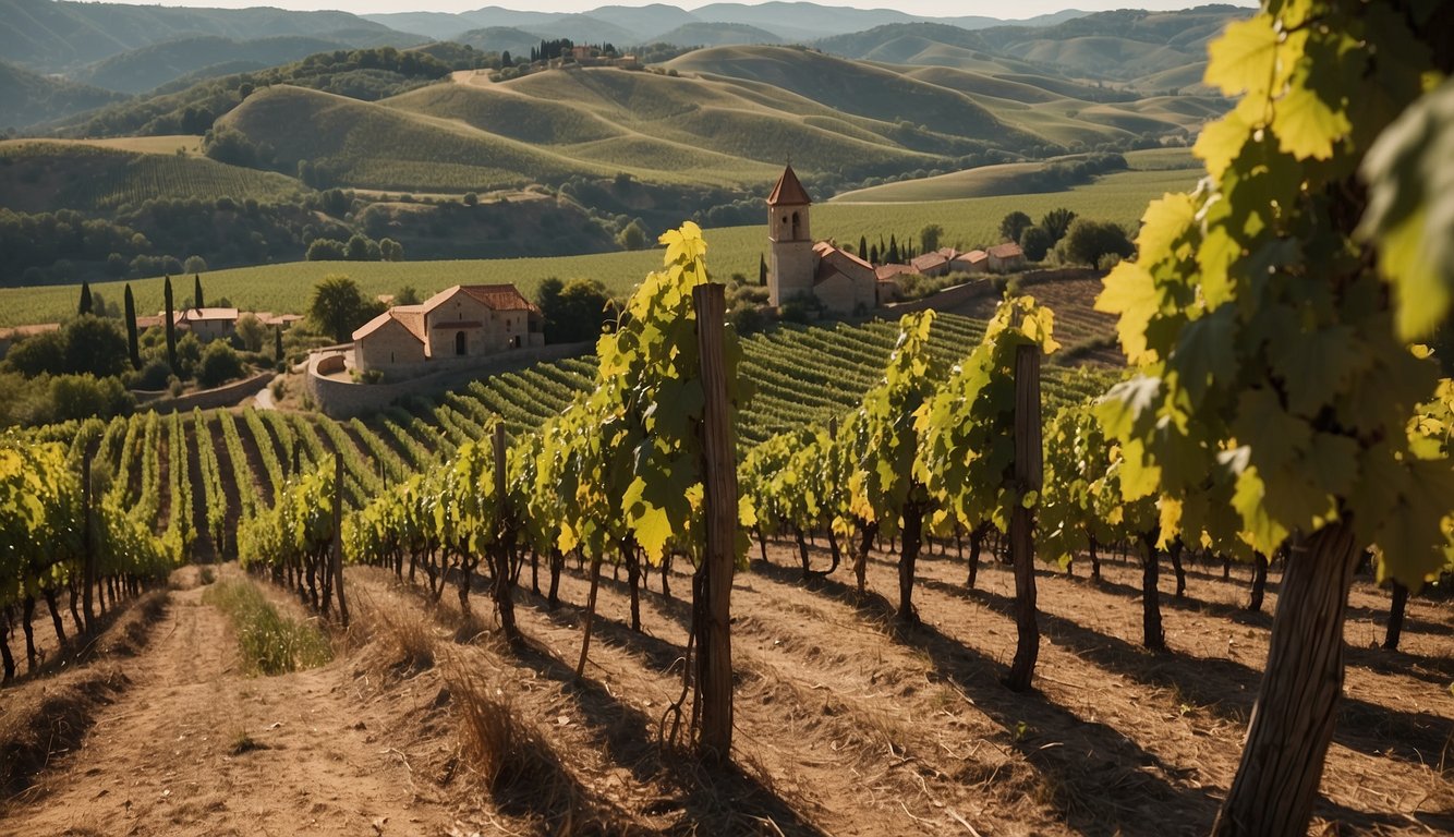 Vineyards sprawl across rolling hills, surrounding a towering medieval monastery. Monks tend to rows of grapevines while stone buildings and wine barrels dot the landscape