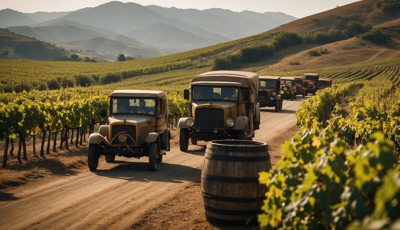 Vineyards sprawl across ancient trade routes, connecting Europe, Asia, and Africa. Ships laden with barrels of wine traverse the seas, as caravans transport precious cargo over land