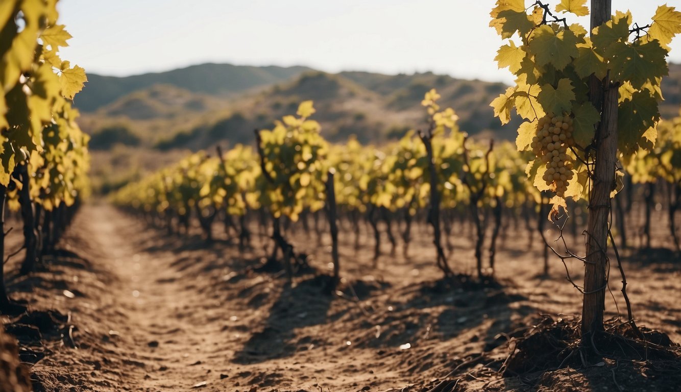 Vineyards with withered and dying grapevines, surrounded by barren land. New, disease-resistant vines planted among the ruins, symbolizing the recovery and resilience of global vineyards