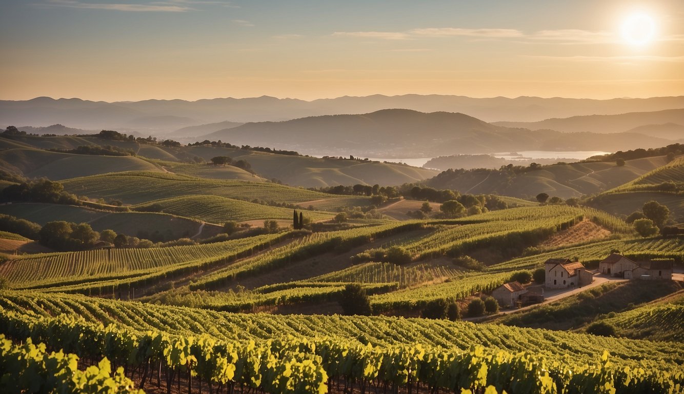 Vineyards stretching across rolling hills, with trade ships sailing in the background, symbolizing the historical trade routes that helped wine become a global commodity