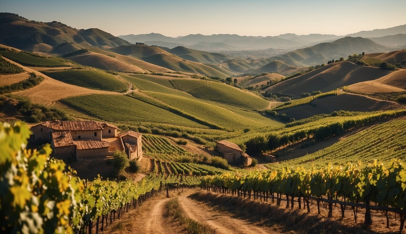 Vineyards sprawl across rolling hills, connected by ancient trade routes. Caravans and ships transport barrels of wine, symbolizing the global exchange of goods