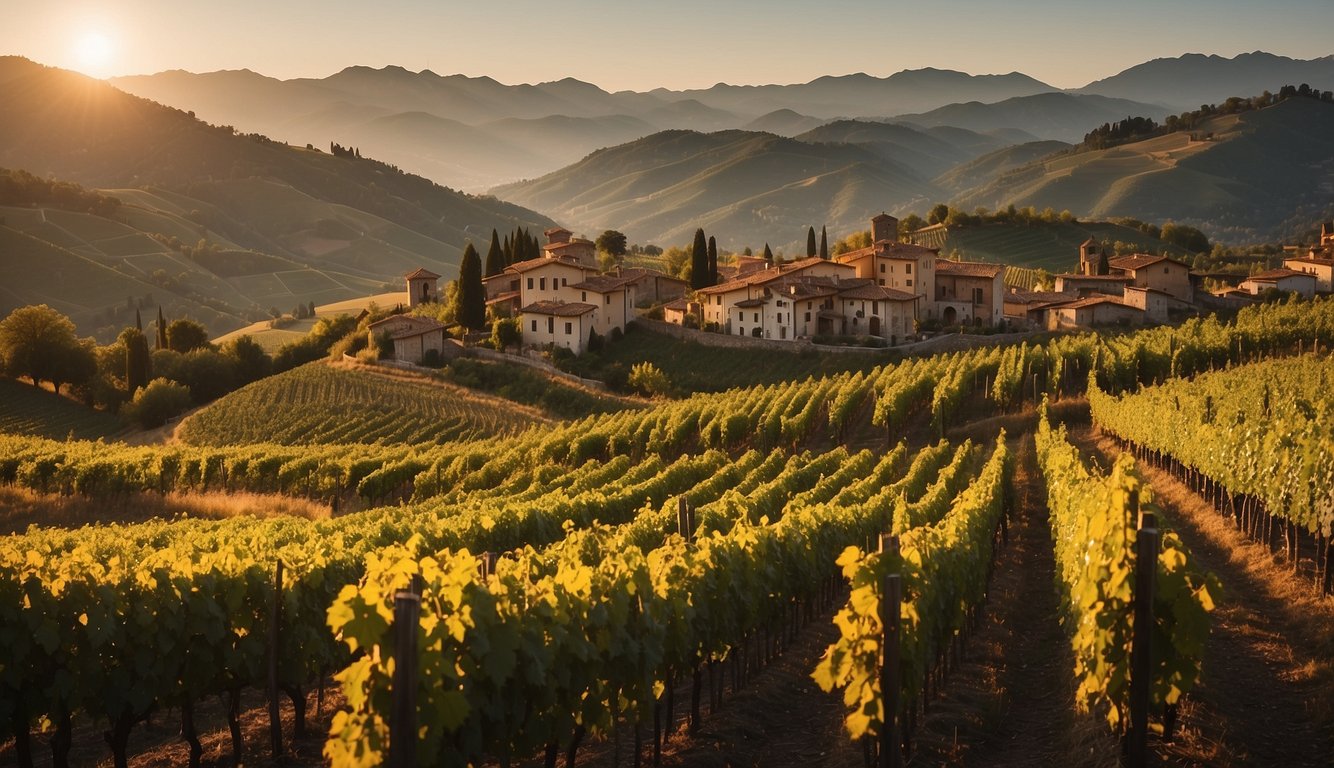 Rolling hills covered in vineyards, dotted with quaint Italian villages. The sun sets behind the majestic Alps, casting a warm glow over the historic winemaking region of Piedmont