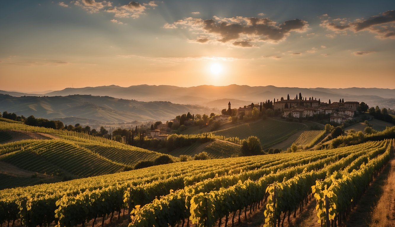 Rolling hills covered in vineyards, with the iconic castles of Barolo and Barbaresco standing proudly in the distance. The sun sets behind the lush landscape, casting a warm glow over the heart of Piedmont's viticulture