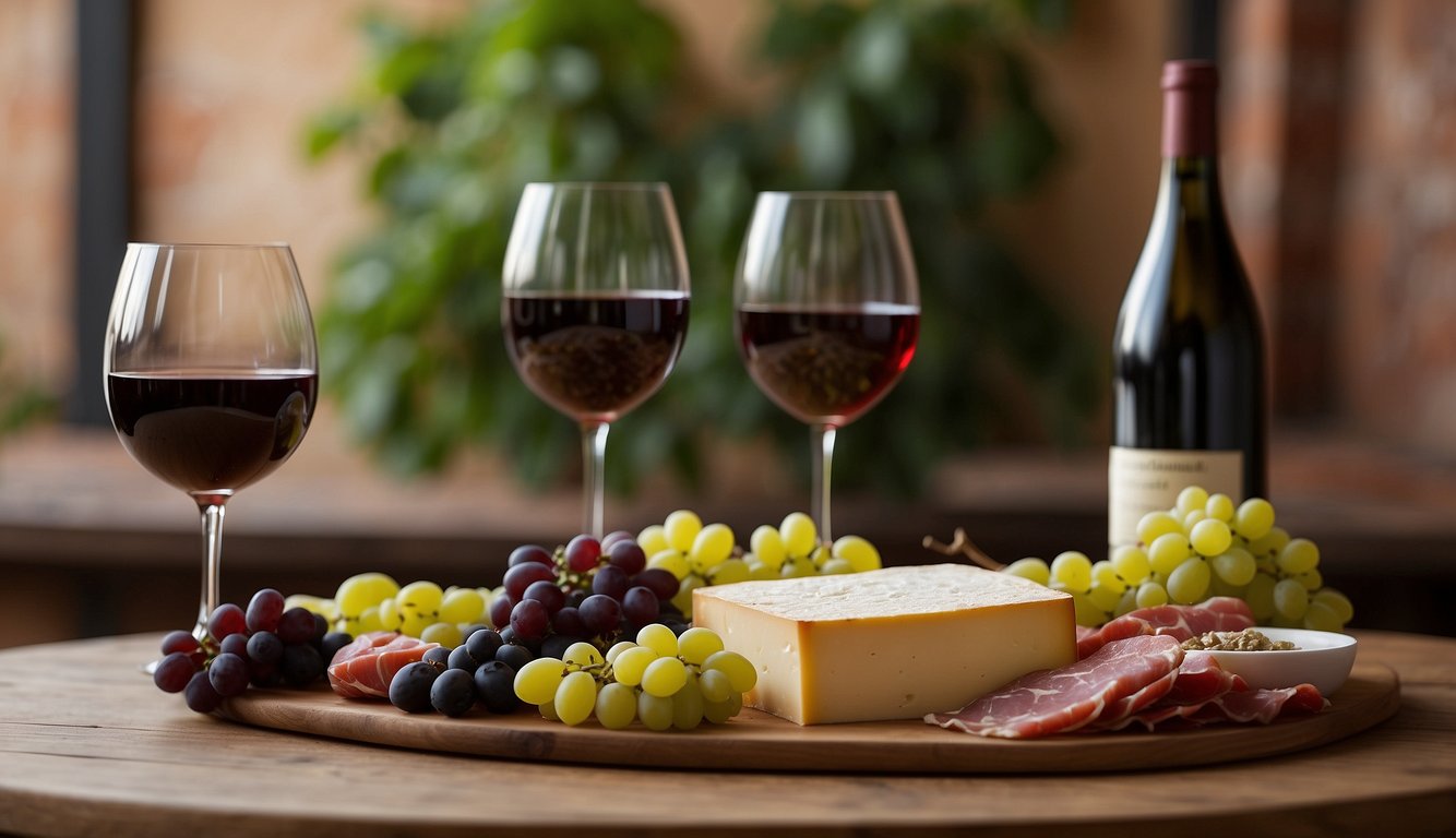 A table set with various Piedmont wines, accompanied by cheese, cured meats, and fresh fruit. A map of the region hangs on the wall, highlighting the areas known for producing Barolo and Barbaresco