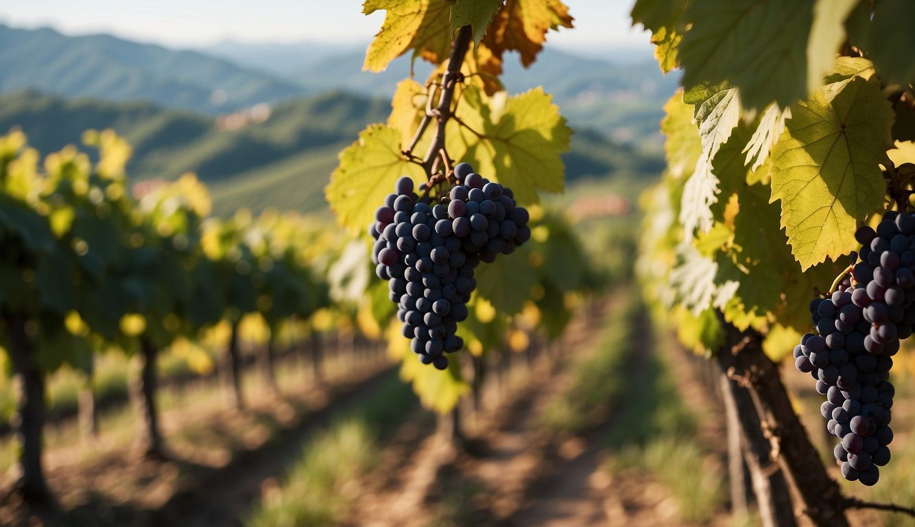 Rolling hills of Piedmont, Italy, adorned with vineyards. Grapes glisten in the sun, ready for harvest. A quaint winery nestled among the lush greenery. A sense of tradition and craftsmanship in the air