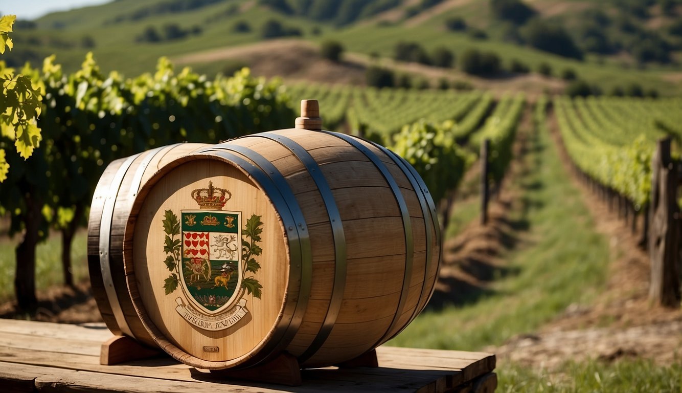 Vineyards sprawl across rolling hills, modern winemaking equipment gleams in the sunlight. Italian royal crests adorn oak barrels, symbolizing centuries of tradition