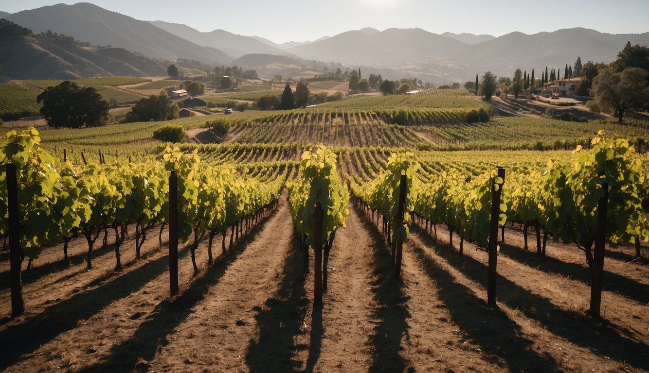 A vineyard nestled in the rolling hills of Italy, with rows of grapevines stretching into the distance. A grand, historic winery stands in the background, surrounded by lush greenery