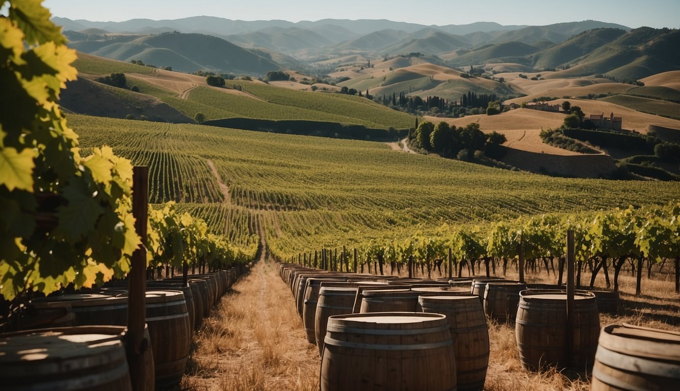 Vineyards sprawl across rolling hills, dotted with ancient castles and palaces. Royal crests adorn wine barrels, symbolizing centuries of noble influence