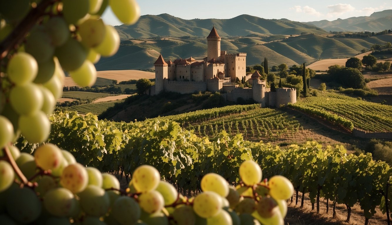 Vineyards sprawl across rolling hills, with ancient castles looming in the background. Grapes are meticulously tended to by workers, while regal banners flutter in the breeze