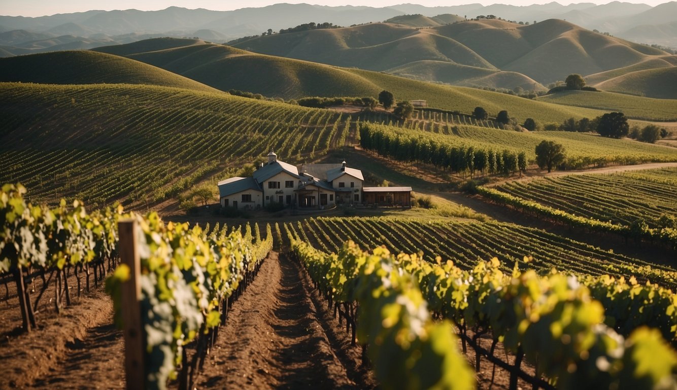 A sprawling vineyard stretches across rolling hills, with rows of grapevines extending into the distance. A sleek winery facility stands at the center, surrounded by modern equipment and technology