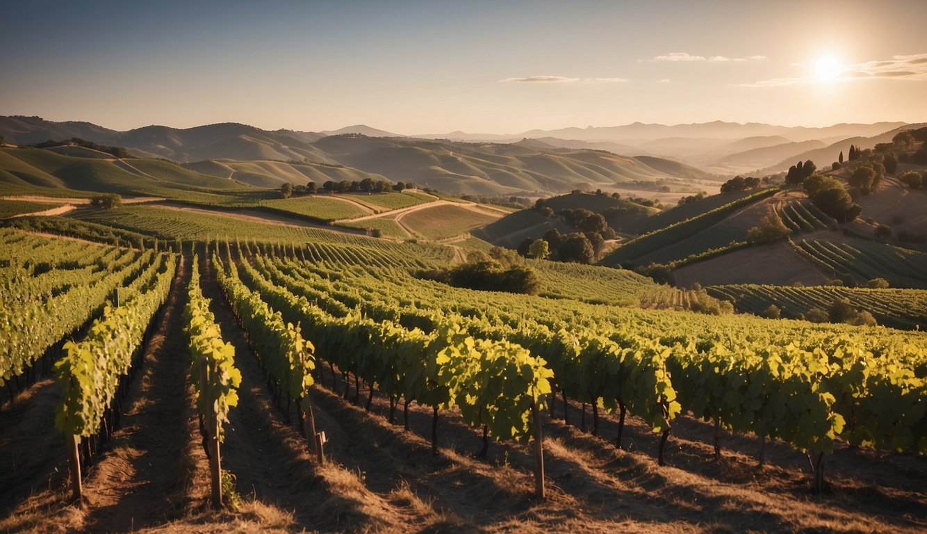 A vineyard stretches across rolling hills, with rows of grapevines leading to a modern winery. Global trade routes and financial graphs overlay the scene, representing the challenges and opportunities in wine economics