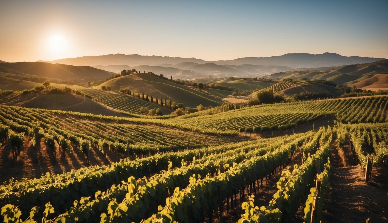 Vineyards sprawl across rolling hills, with modern wineries nestled among them. Global corporations' logos adorn sleek buildings, while local wineries offer rustic charm. Trucks and workers bustle, conveying the industry's dynamic and competitive nature