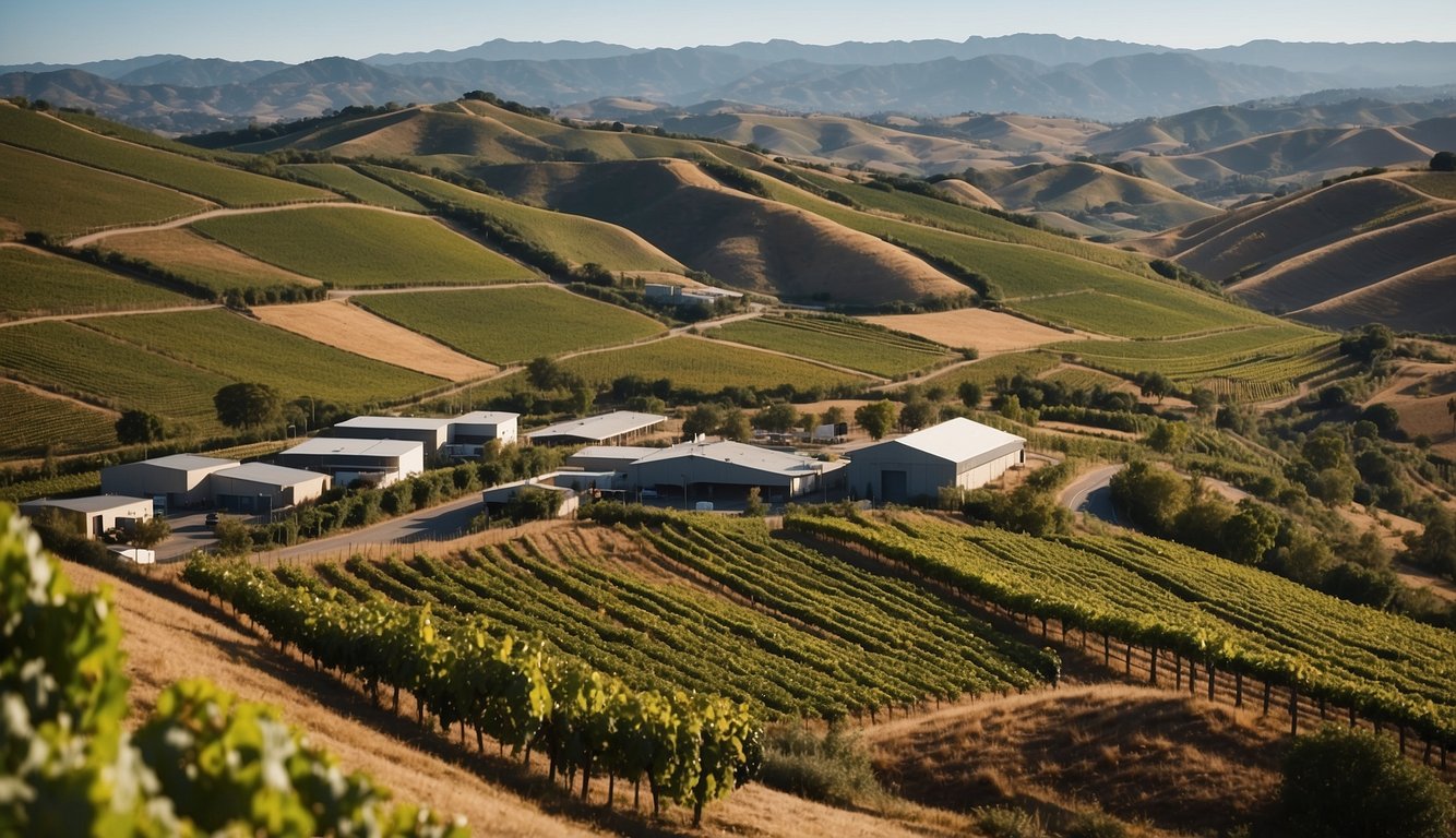 Vineyards sprawl across rolling hills, with modern wineries and corporate facilities dotting the landscape. Regulations and policies are displayed in sleek, contemporary signage, while trade agreements are symbolized by shipping containers and cargo ships