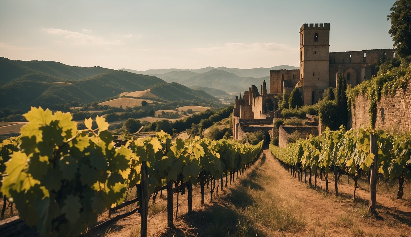 Vine-covered hillsides overlook ancient abbey ruins, while a regal castle stands in the distance. Grapes ripen in the rich soil, embodying centuries of winemaking tradition