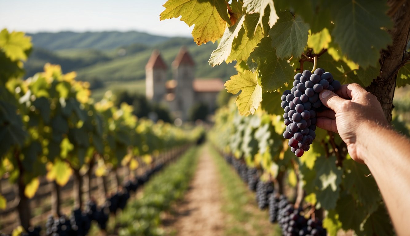 Vineyard landscape with rolling hills, ancient abbey, and medieval castle. Grapes being harvested by hand, with winemaking equipment in the background