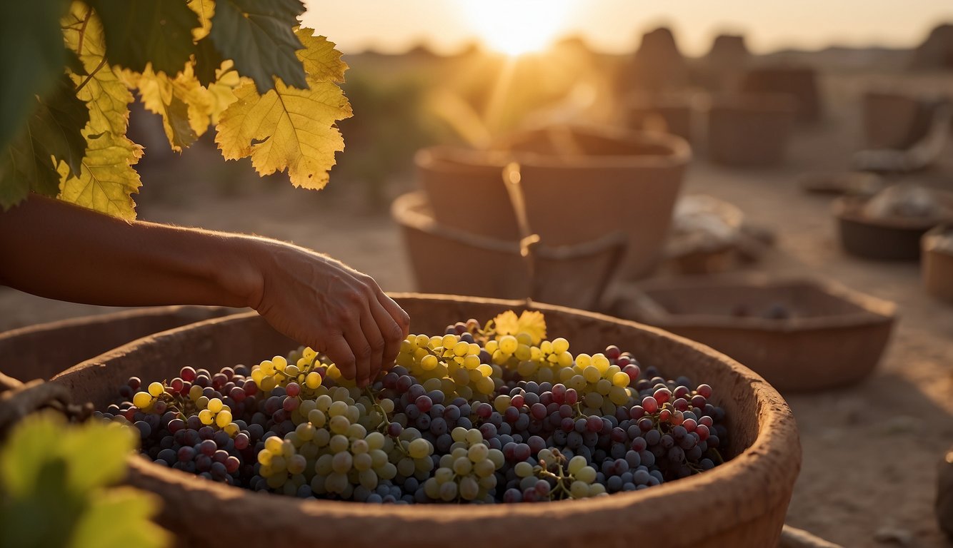 Grapes ferment in clay pots. A person stirs the mixture with a wooden stick. The sun sets over the ancient Mesopotamian landscape