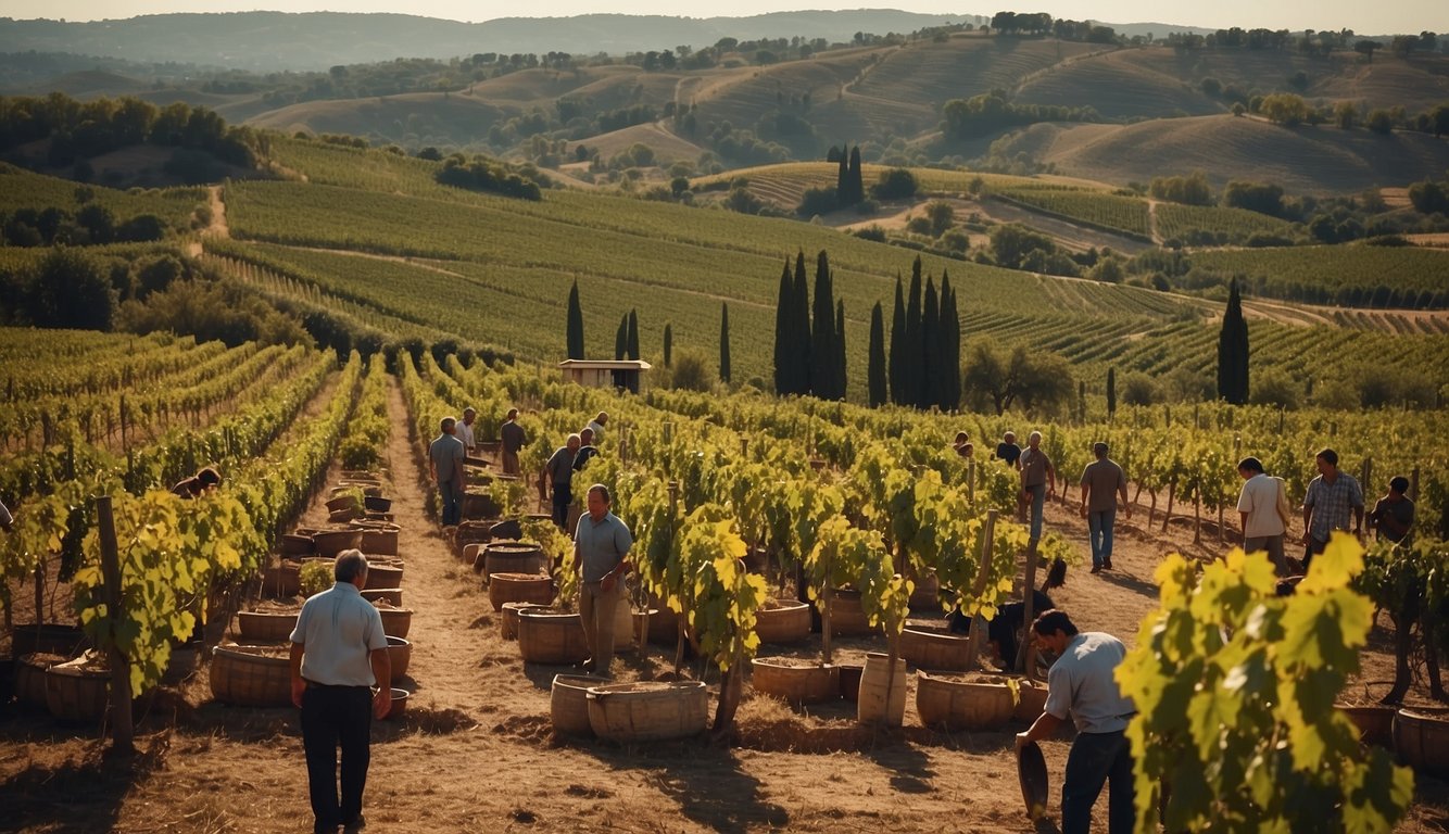 Vineyards stretching across Roman landscapes, with workers tending to the grapevines and amphorae filled with wine ready for transport